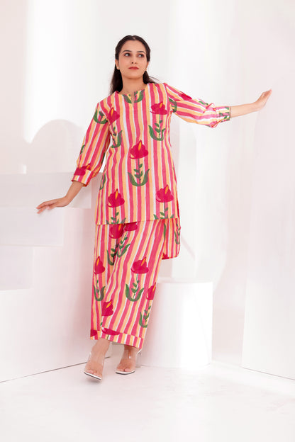 Pink Flora  Low High Co-ord Set