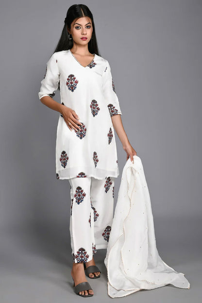 White Handblock Printed Short Kurta Suit Set