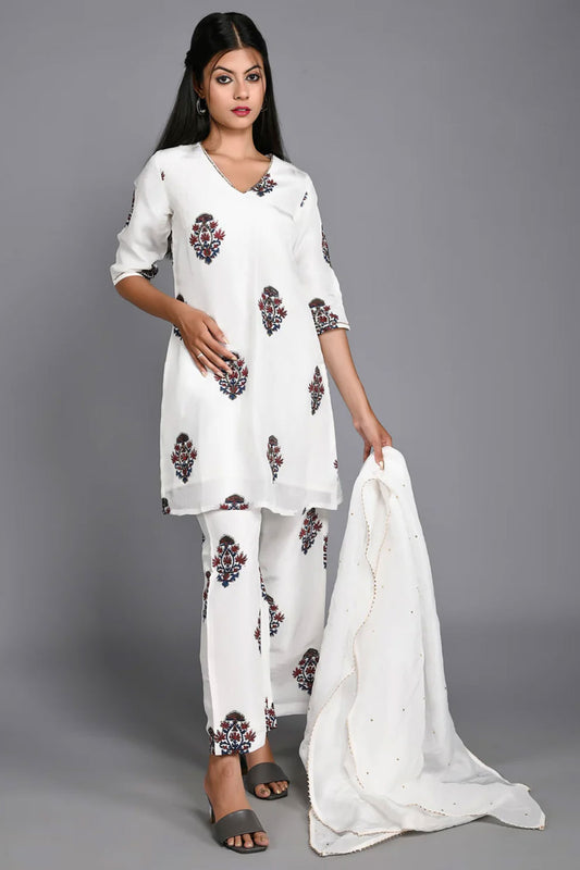 White Handblock Printed Short Kurta Suit Set