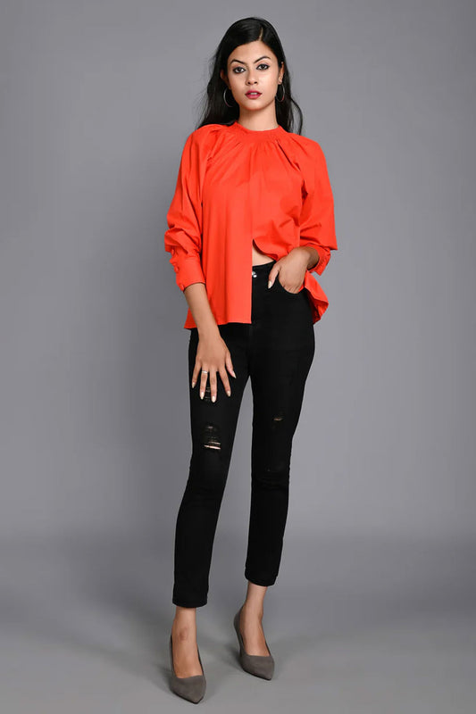 Orange Poplin Top with Front Cut