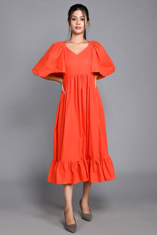 Orange Cap Sleeves Midi Dress