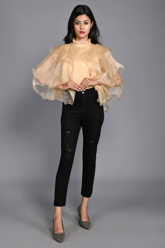Golden Organza High Neck with Flared Sleeves Top