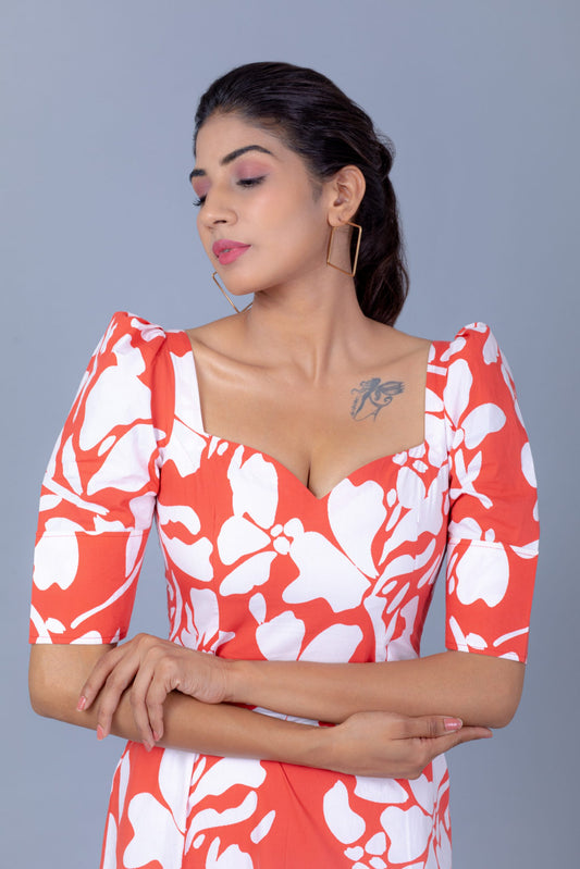 Red and White Summer Floral Midi Dress