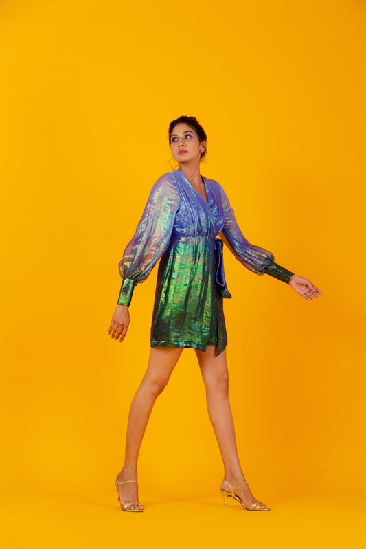 Blue Ombré Shimmer Wrap Dress with Voluminous Sleeves
