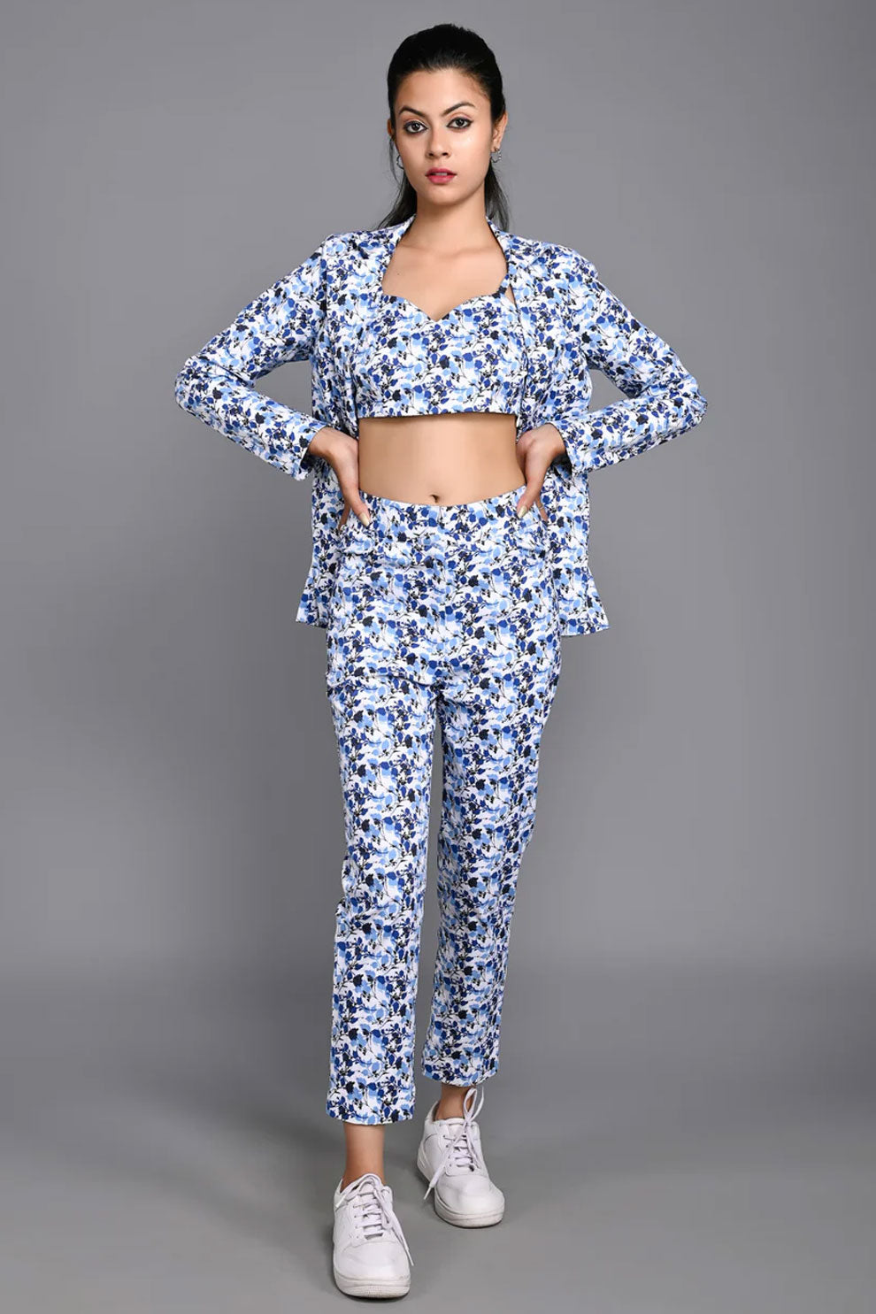 Printed Co-ords Three Piece Pant Set with Blazer and Tube
