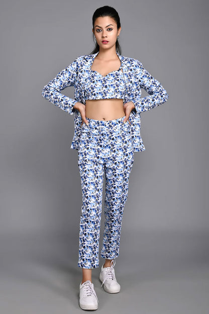 Printed Co-ords Three Piece Pant Set with Blazer and Tube