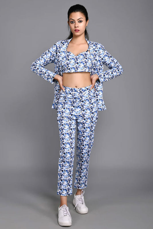 Printed Co-ords Three Piece Pant Set with Blazer and Tube