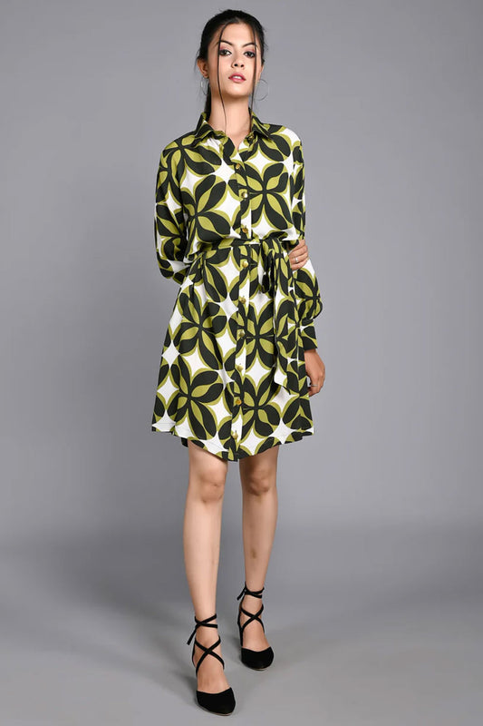 Printed Shirt Collar Dress With Belt