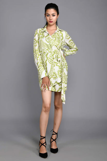 Green and White Printed Midi Dress with Full Sleeves