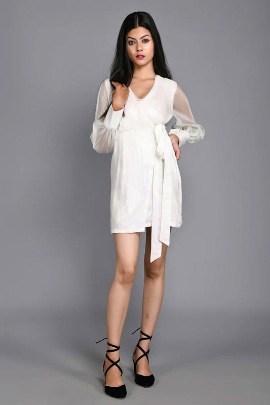White Shimmer Silk Short Full Sleeves Dress