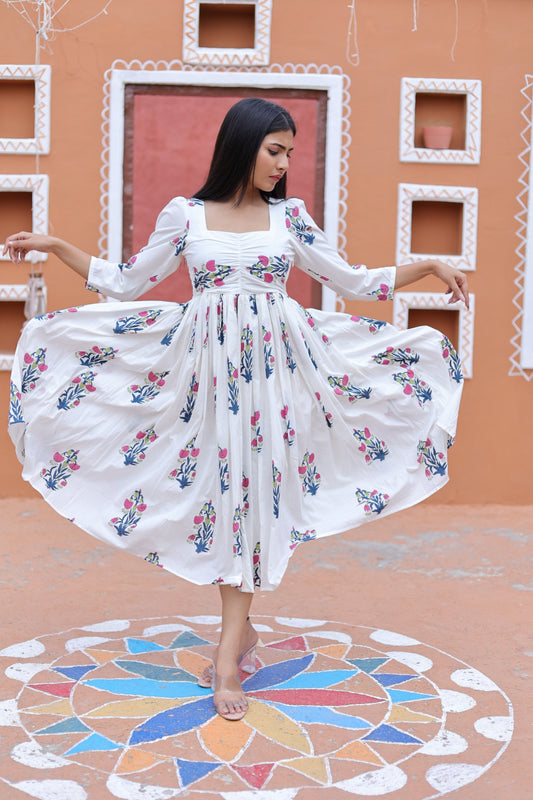 White Handblock Printed Cotton Midi Dress