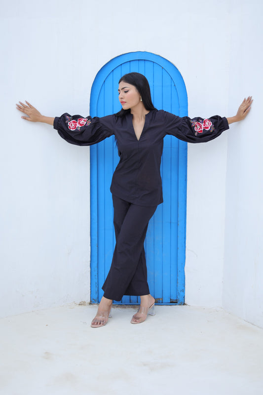 Black Poplin Embroidered Co-ord Set
