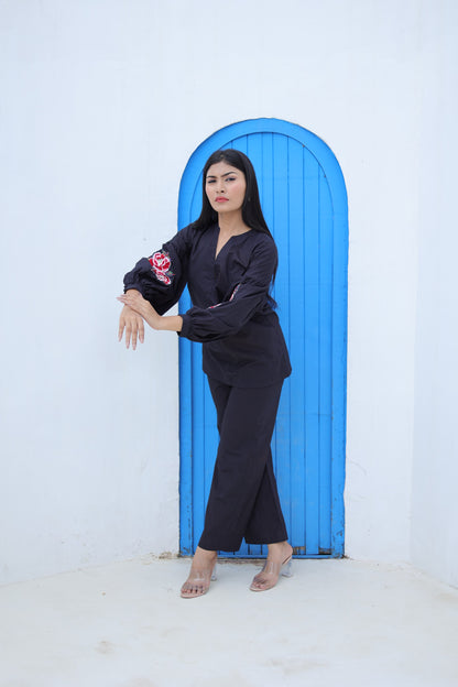 Black Poplin Embroidered Co-ord Set