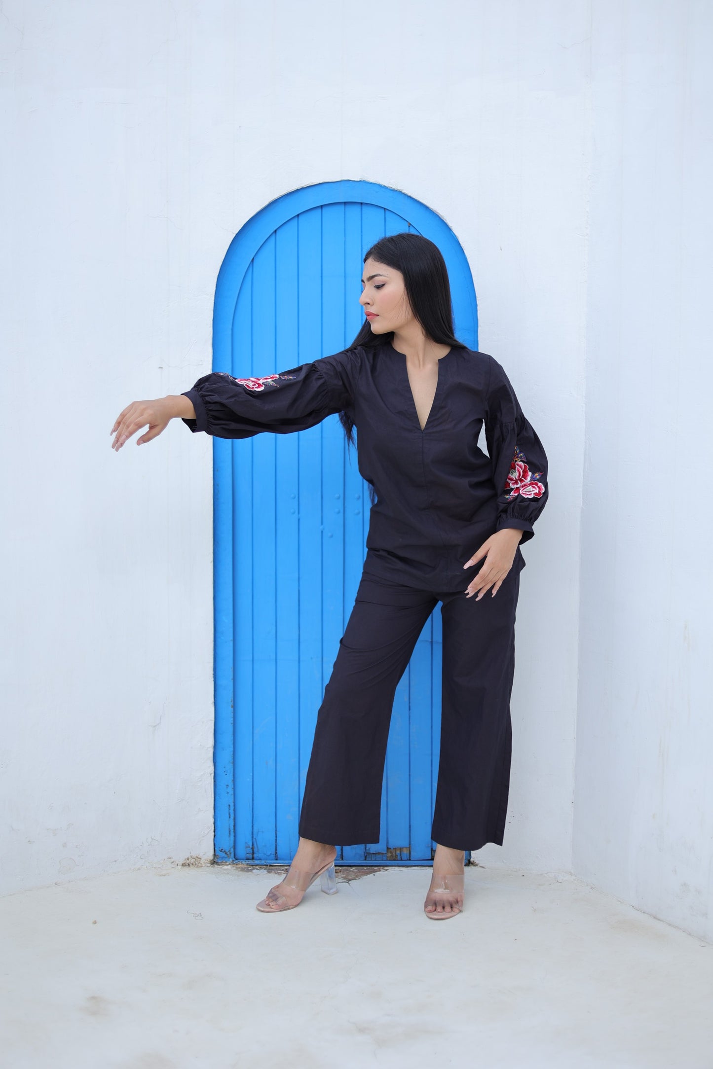 Black Poplin Embroidered Co-ord Set