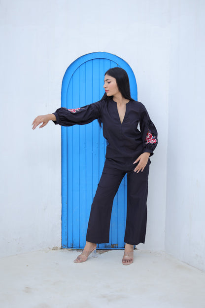 Black Poplin Embroidered Co-ord Set