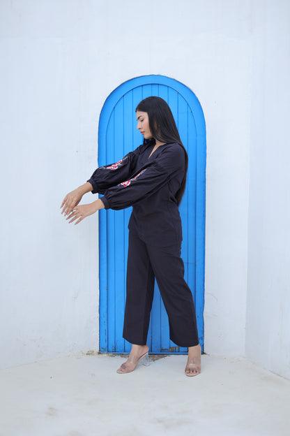 Black Poplin Embroidered Co-ord Set