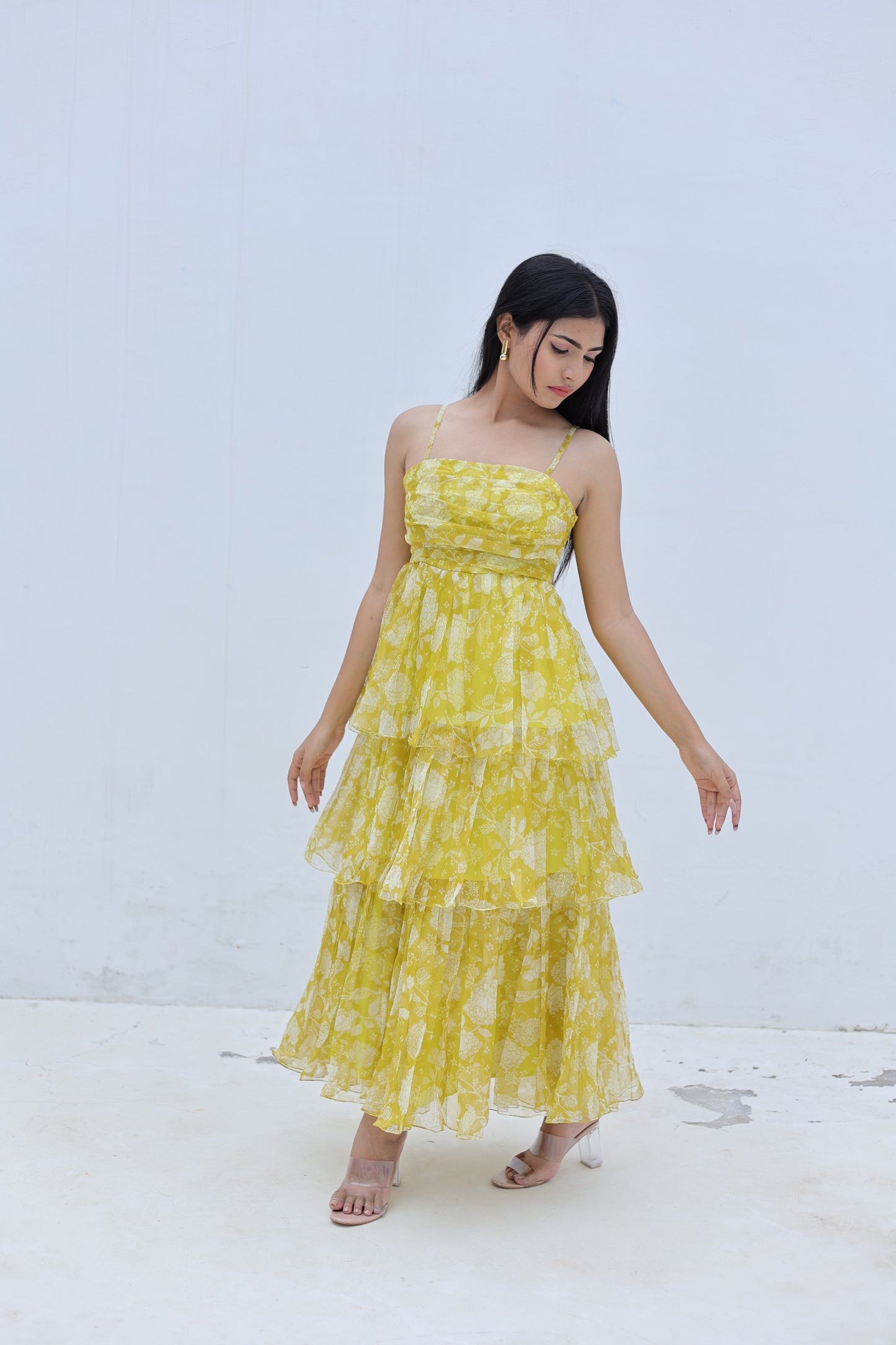 Yellow Organza 3-Tier Flared Maxi Dress