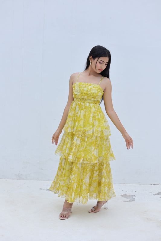 Yellow Organza 3-Tier Flared Maxi Dress