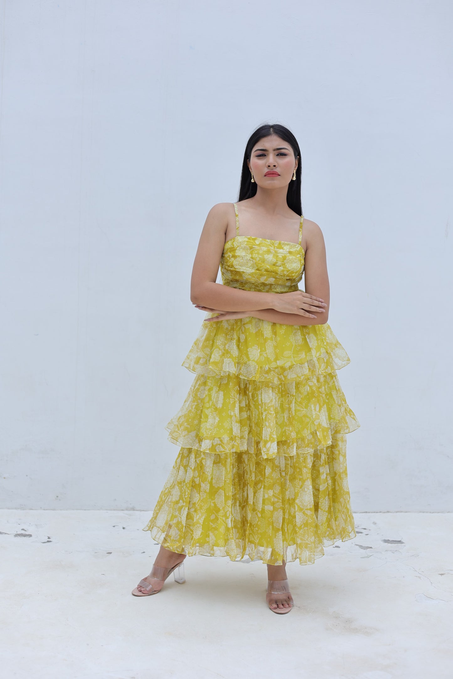 Yellow Organza 3-Tier Flared Maxi Dress