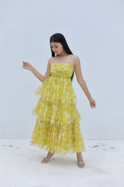 Yellow Organza 3-Tier Flared Maxi Dress