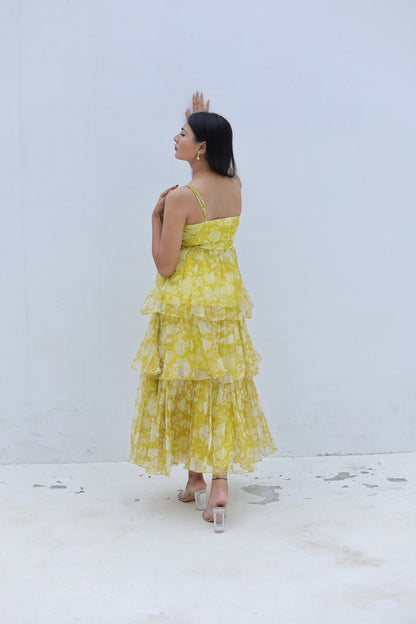 Yellow Organza 3-Tier Flared Maxi Dress
