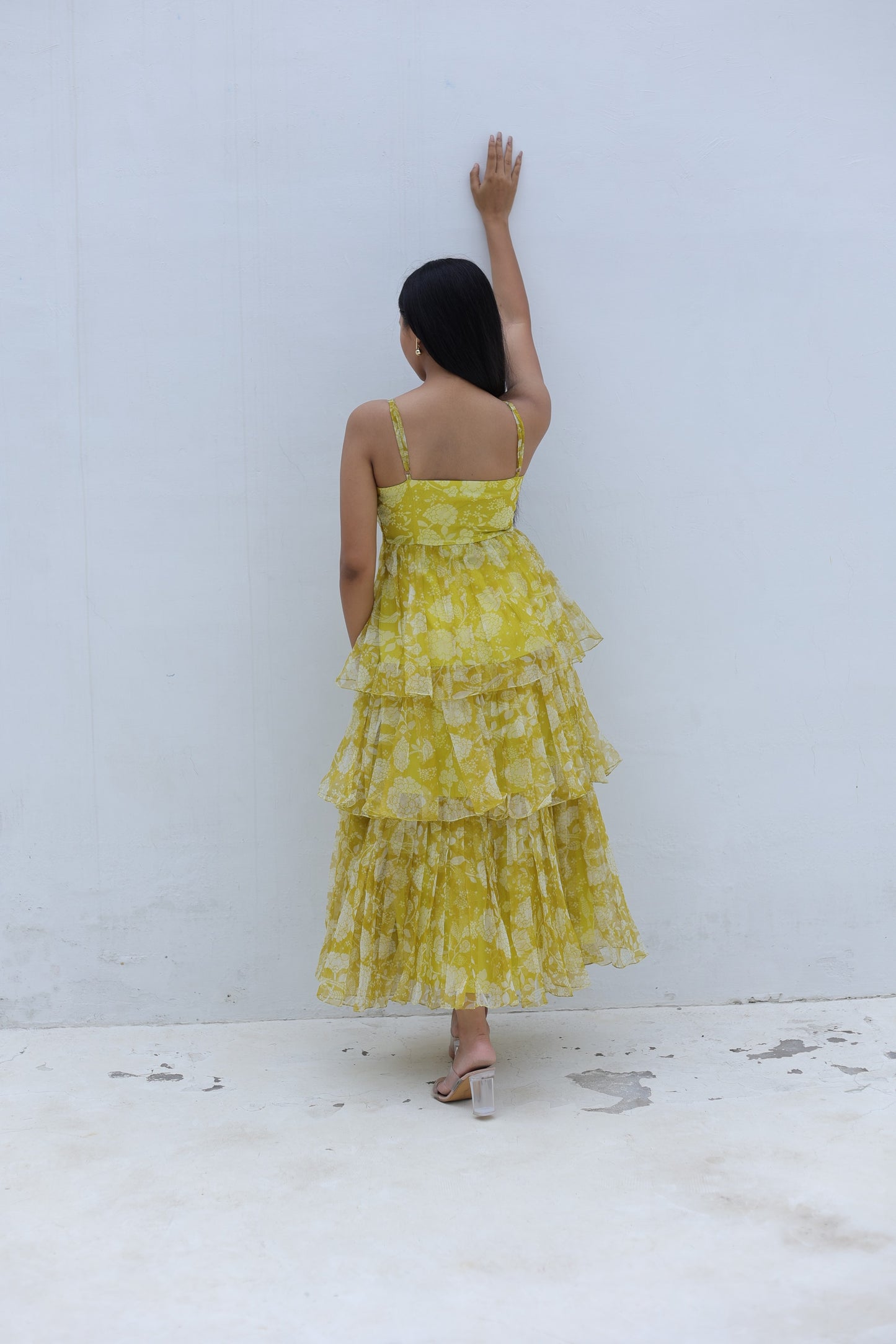 Yellow Organza 3-Tier Flared Maxi Dress