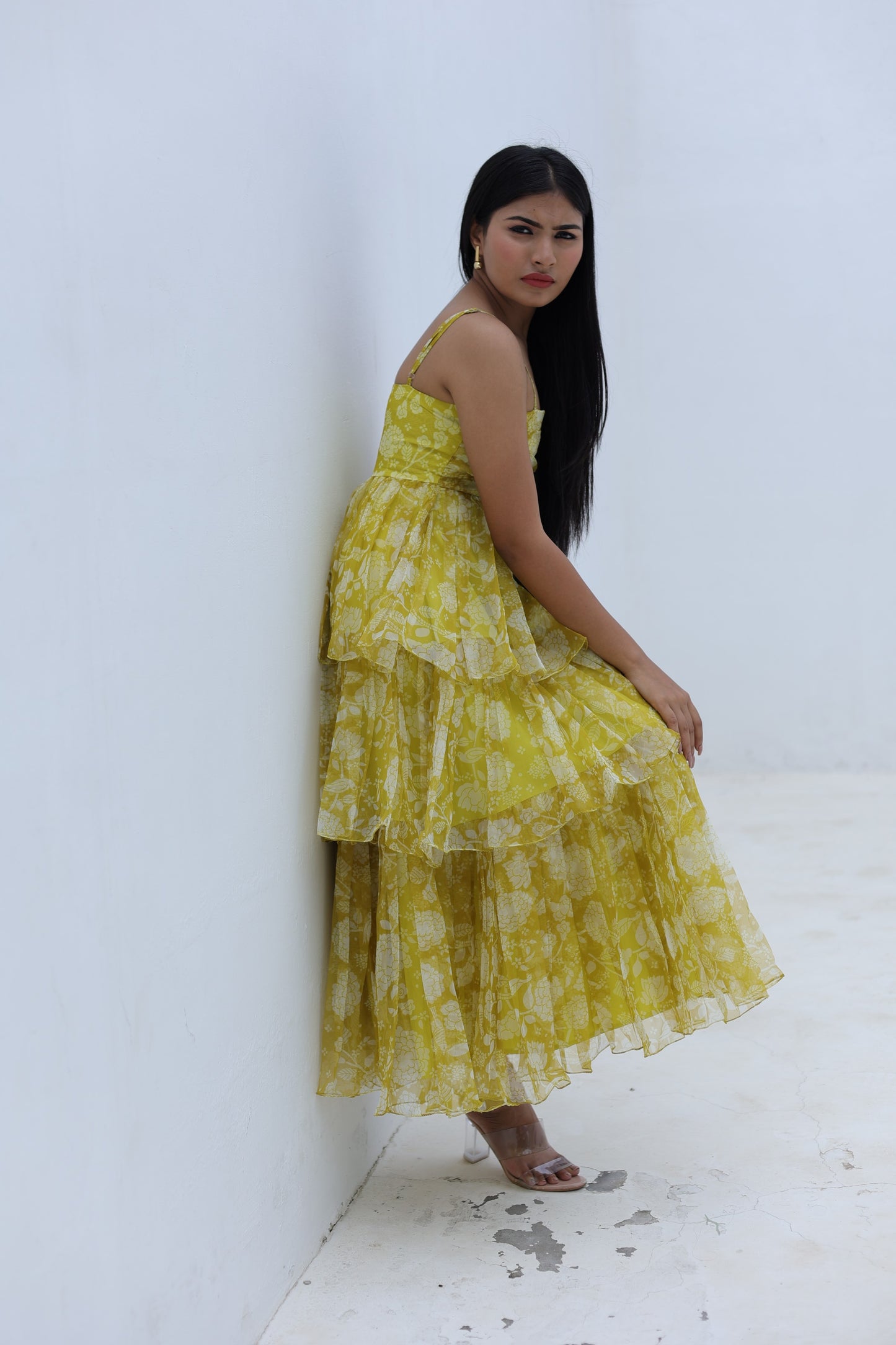 Yellow Organza 3-Tier Flared Maxi Dress