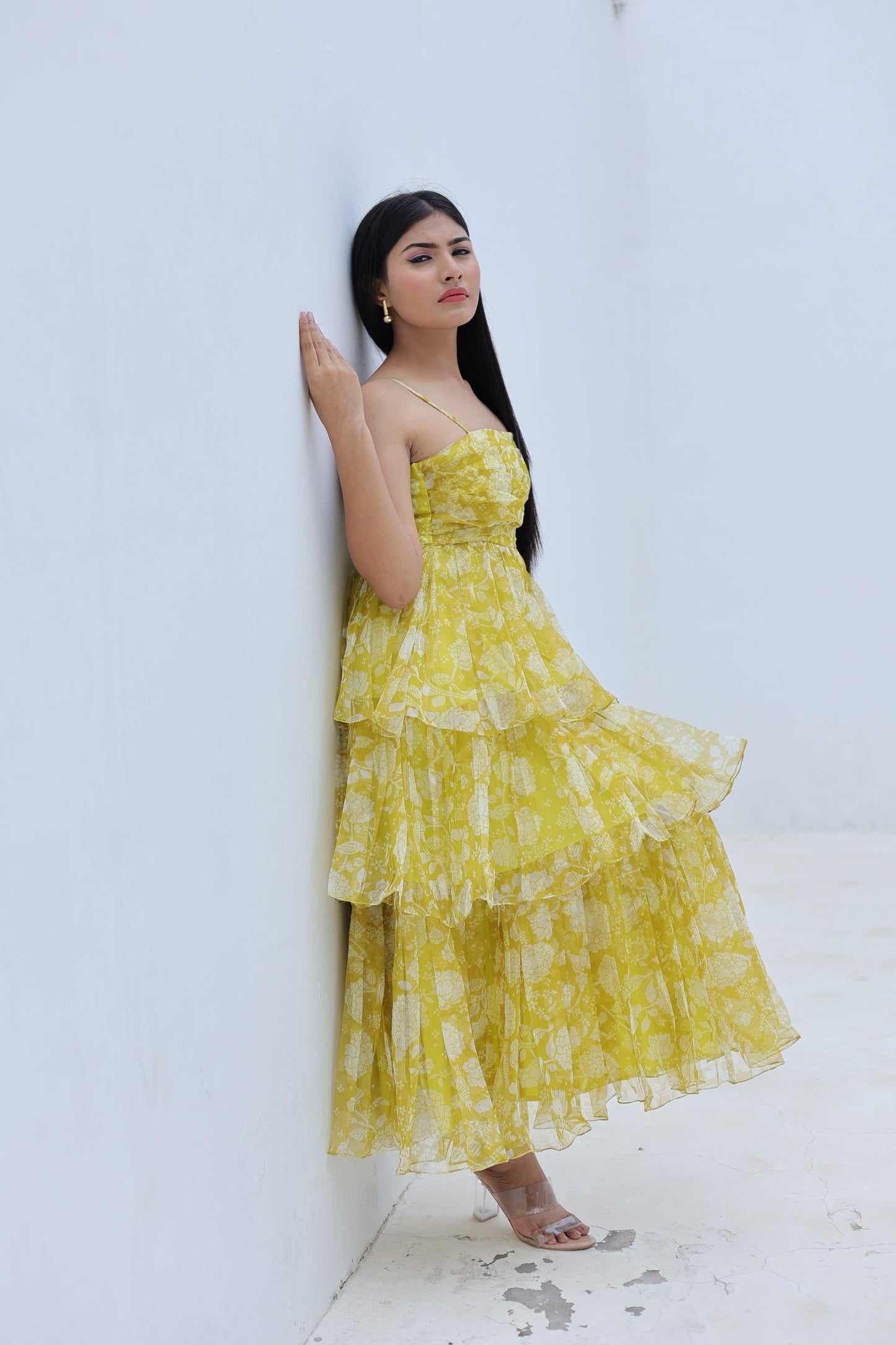 Yellow Organza 3-Tier Flared Maxi Dress
