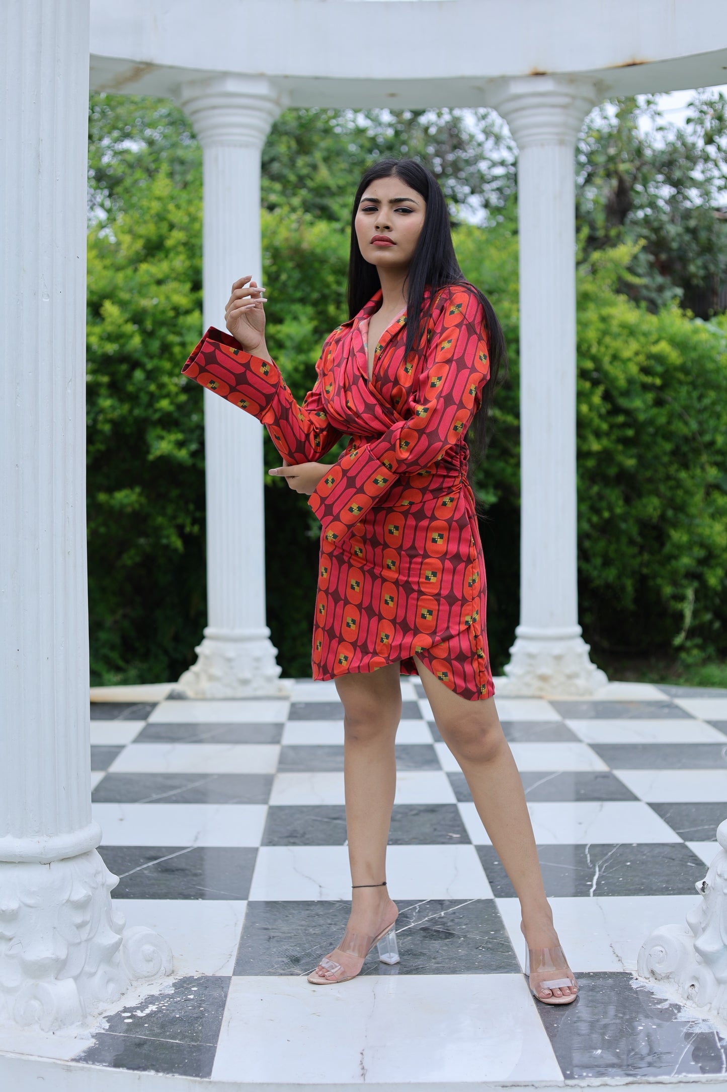 Retro Print Mini Dress with Long Cut Sleeves and Collar Neck