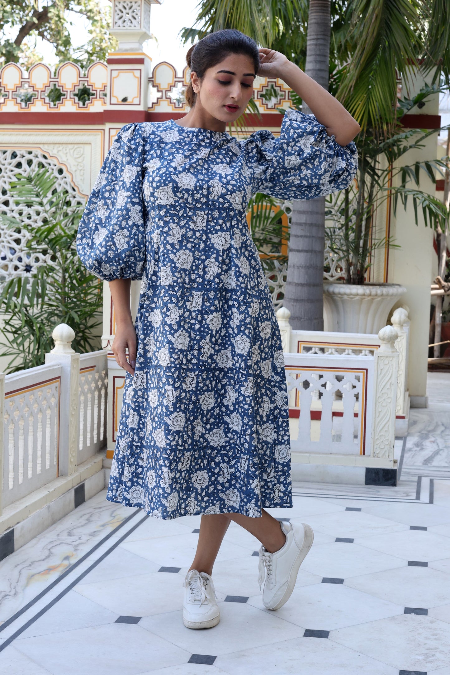 Indigo Handblock Printed Midi Dress