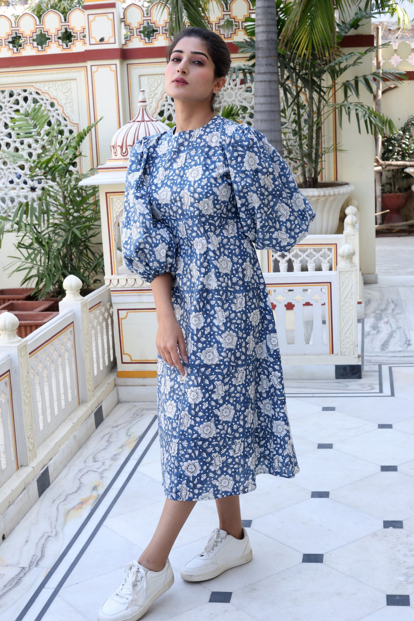Indigo Handblock Printed Midi Dress