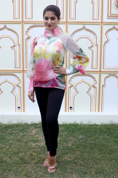 Portia Floral Organza High Neck Top
