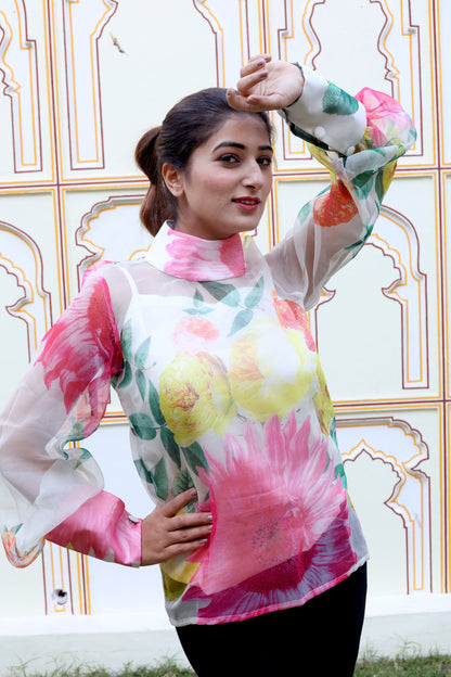 Portia Floral Organza High Neck Top