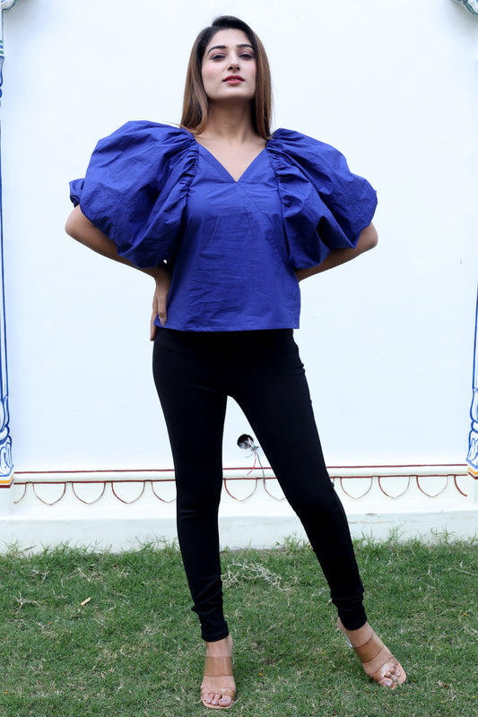 Blue Balloon Sleeves Cotton Poplin Top