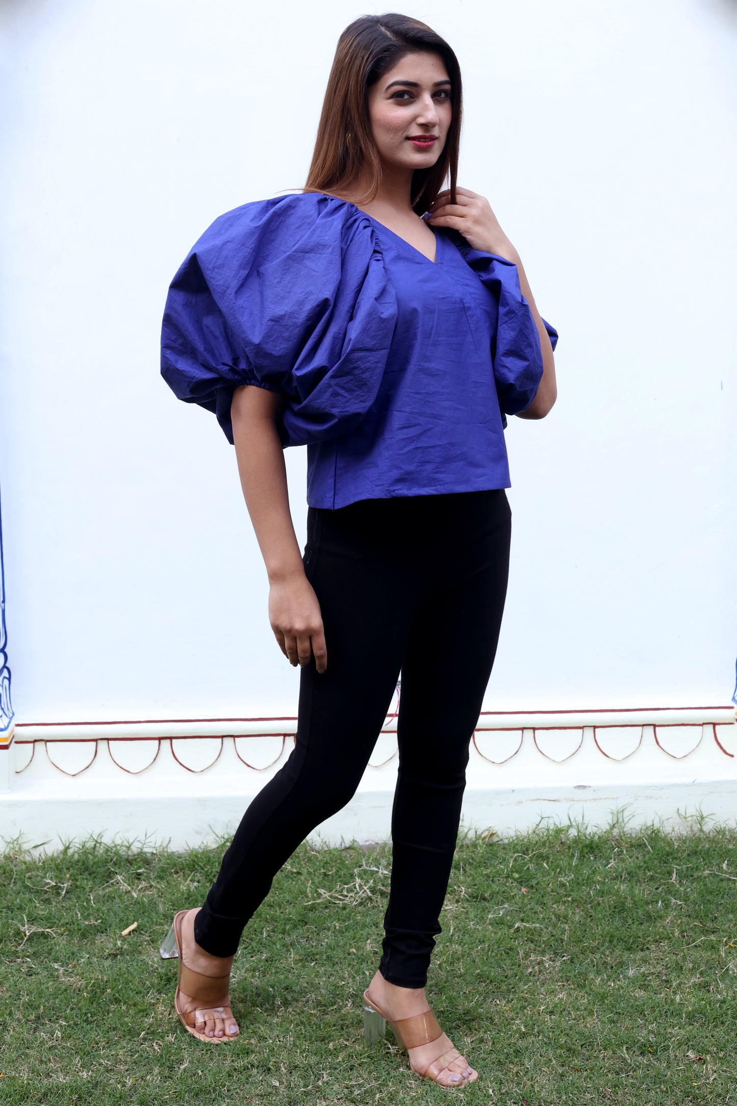 Blue Balloon Sleeves Cotton Poplin Top