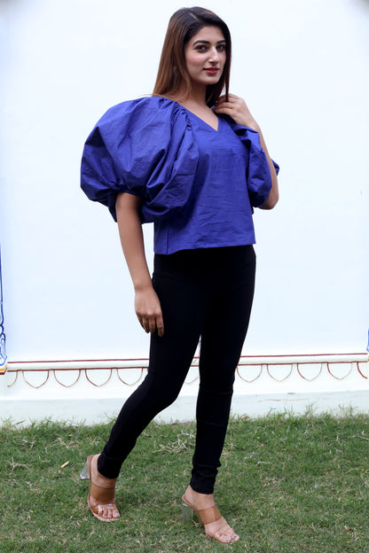 Blue Balloon Sleeves Cotton Poplin Top