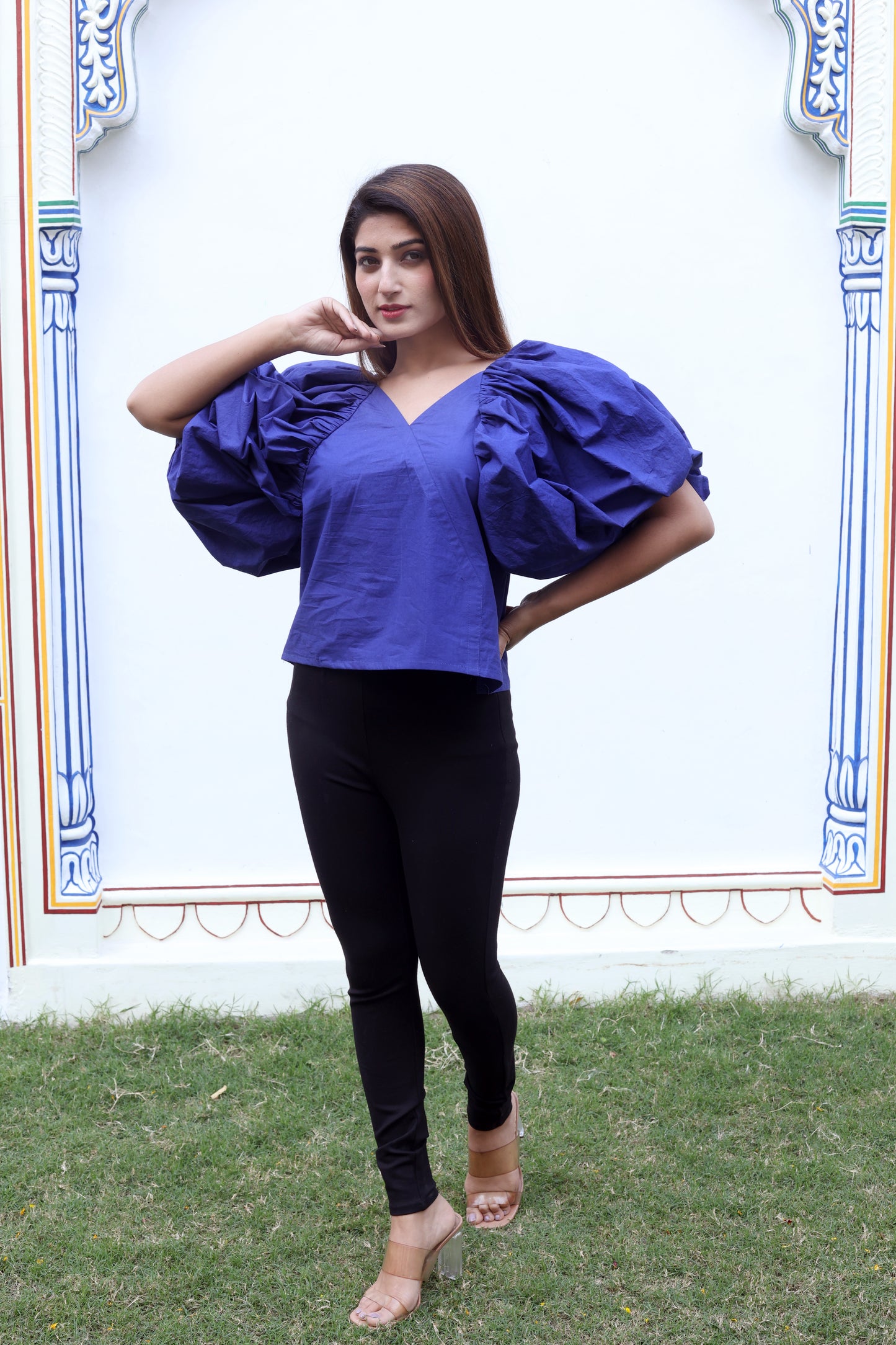 Blue Balloon Sleeves Cotton Poplin Top