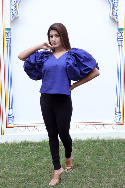 Blue Balloon Sleeves Cotton Poplin Top