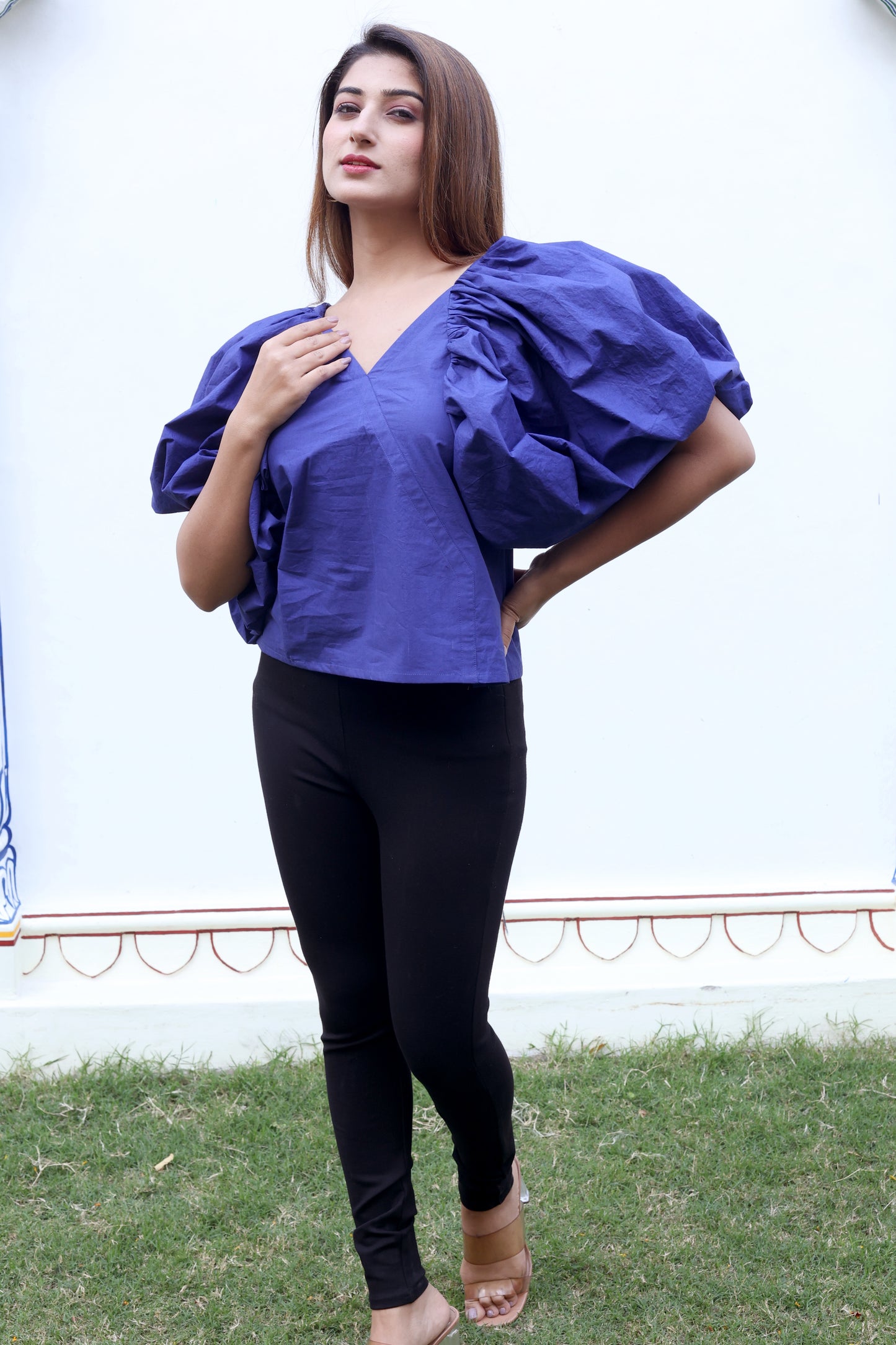 Blue Balloon Sleeves Cotton Poplin Top
