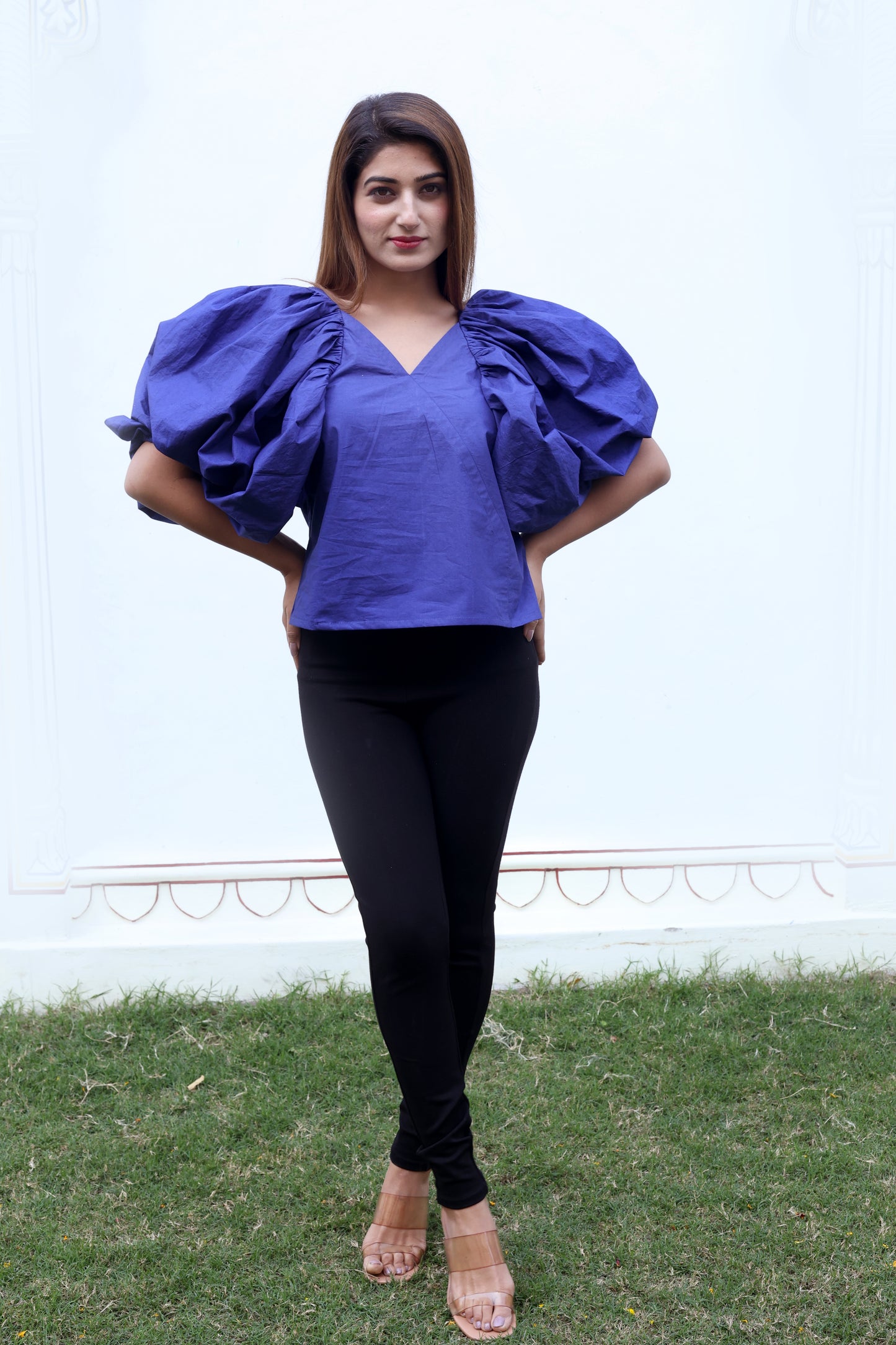 Blue Balloon Sleeves Cotton Poplin Top