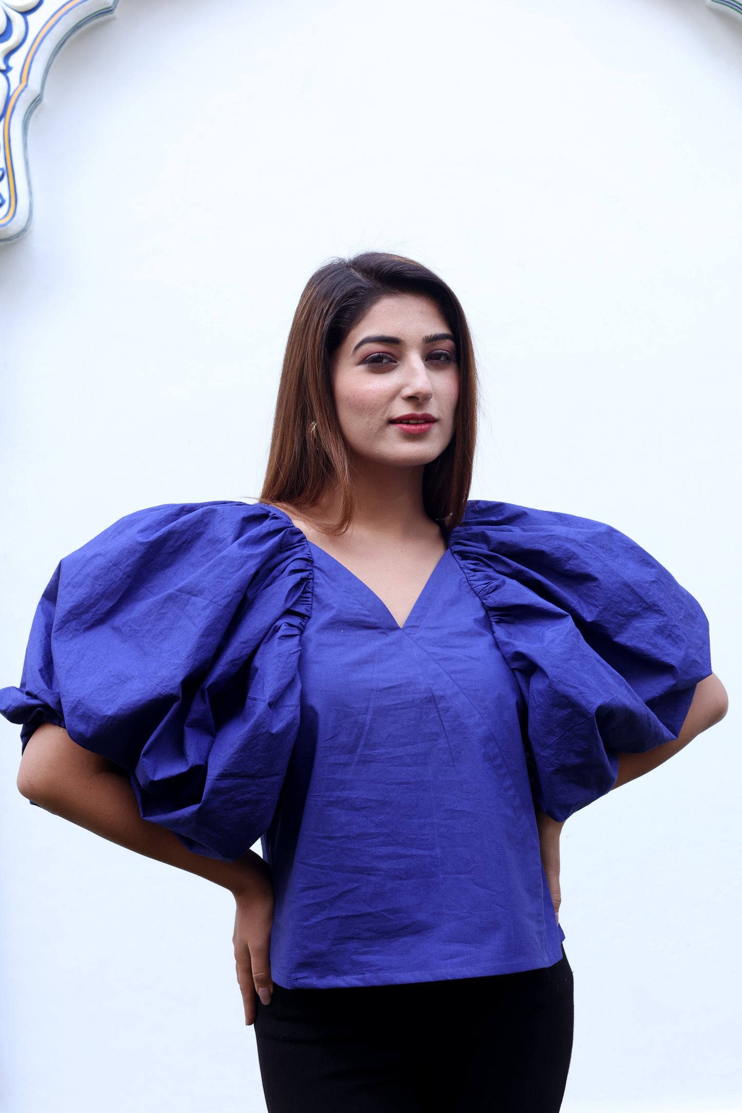 Blue Balloon Sleeves Cotton Poplin Top