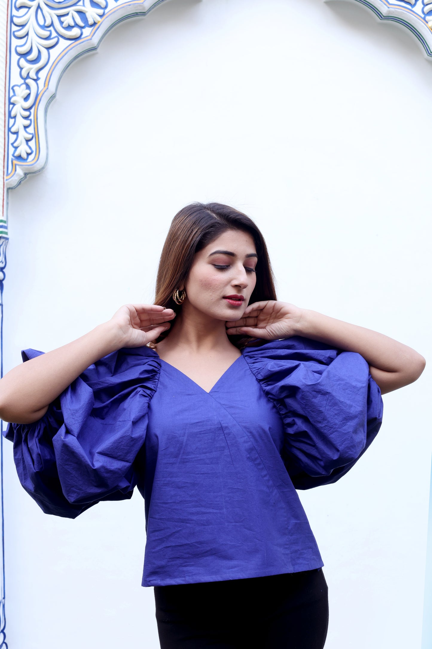 Blue Balloon Sleeves Cotton Poplin Top