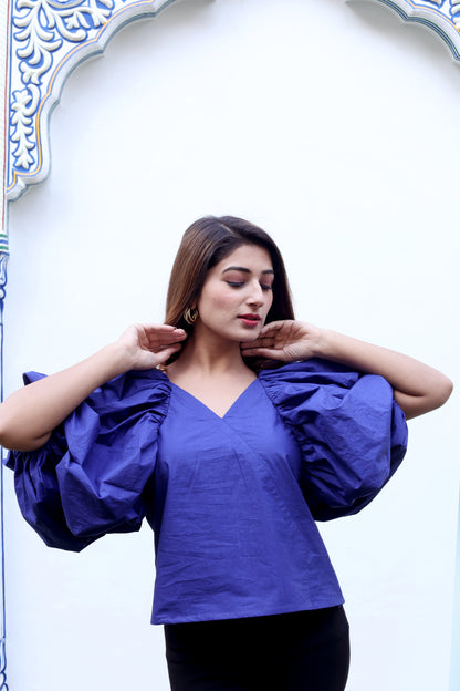 Blue Balloon Sleeves Cotton Poplin Top