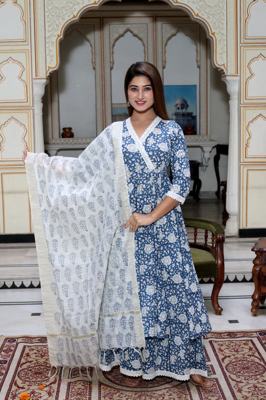 Indigo Handblock Anarkali Suit Set