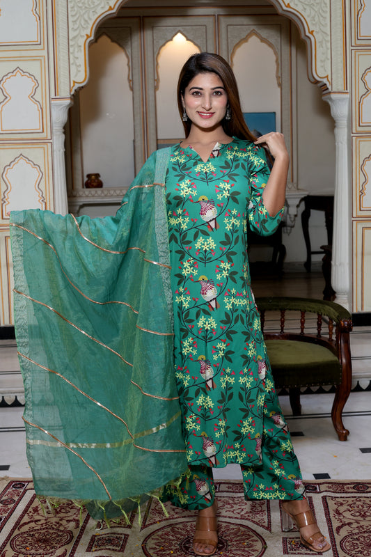 Green Satin Printed Suit Set