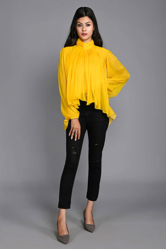 Yellow Full Gathered High Neck Chiffon Top