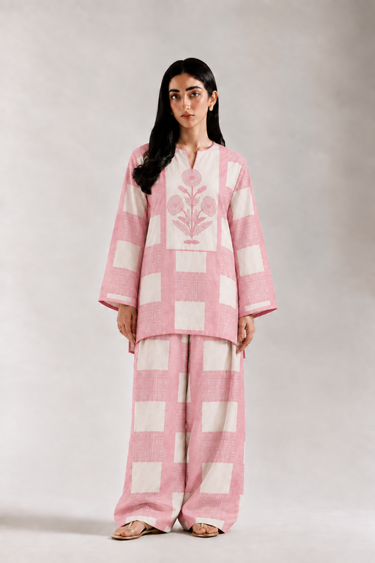 Blush Pink Check Floral Farsi Salwar — front view