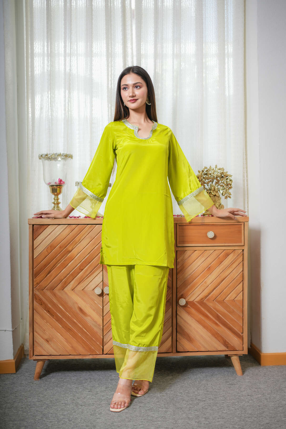 Neon green Crepe Organza Co-ord Set