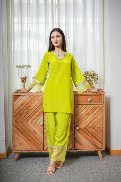 Neon green Crepe Organza Co-ord Set