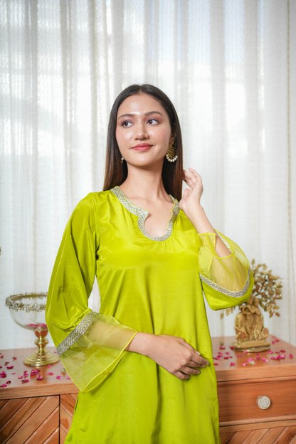 Neon green Crepe Organza Co-ord Set